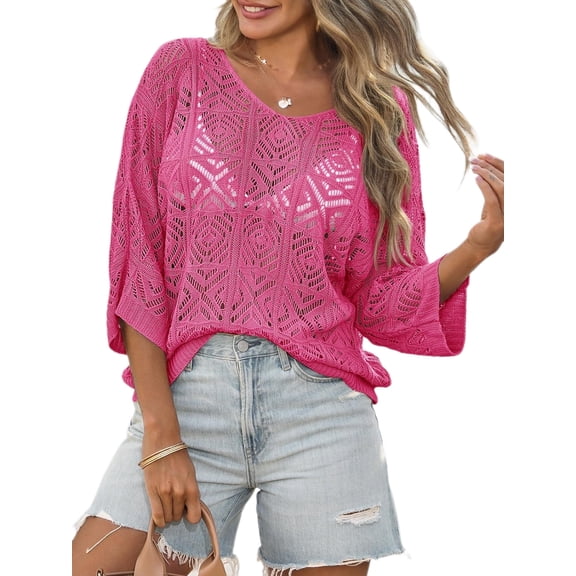 Womens Summer 3/4 Sleeve Off Shoulder Crochet Cover Up Top Sweater Shirts Mesh Boho Beach Swimsuit Coverup