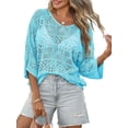 thumbnail image 1 of Womens Summer 3/4 Sleeve Off Shoulder Crochet Cover Up Top Sweater Shirts Mesh Boho Beach Swimsuit Coverup, 1 of 6