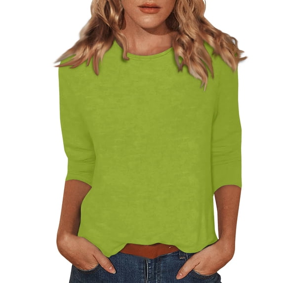 Womens Summer 3/4 Sleeve T Shirts Crew Neck Loose Fit Tunic Tops Casual Solid Basic Tees Green XL