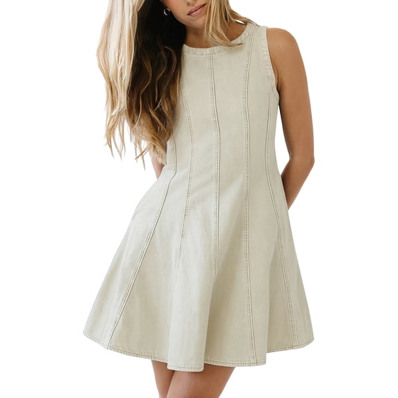 Womens Summer A Line Denim Overalls Dresses Casual Sleeveless Babydoll Zipper Tank Mini Jean Dress