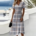 thumbnail image 1 of Womens Summer A-Line Dresses Wrap V Neck Dress Short Sleeve Fashion Casual Plaid Sundress, 1 of 5