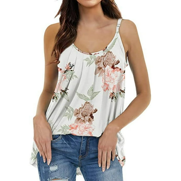 Womens Summer Adjustable Spaghetti Strap Scoop Neck Tank Tops - Loose Fit Camisole Sleeveless Cami Top