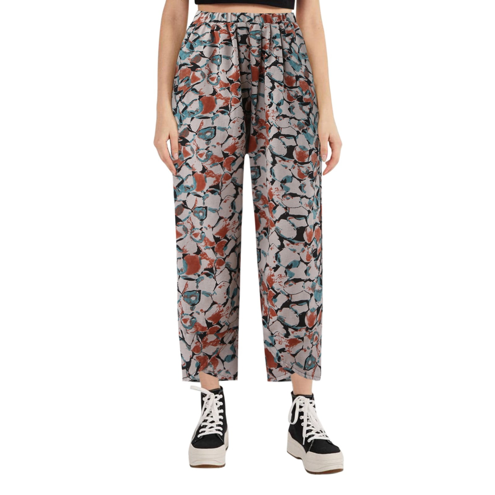 Womens Summer Autumn Casual Flower Prints Cotton Long Pants Women s Casual Pants Beach Pants for Juniors Womens Plaid Pants Pants for Women Work