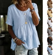 Womens Summer Babydoll Tops Casual Loose Fit Peplum Oversized Tunic Shirts Flowy Pleated Cotton Casual Loose Fit Cute Blouse Sky Blue S