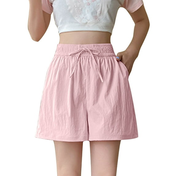 Womens Summer Baggy Shorts Lightweight Quick Drying Casual High Waist Wide Leg Drawstring Lounge Short with Pockets (M, Pink)