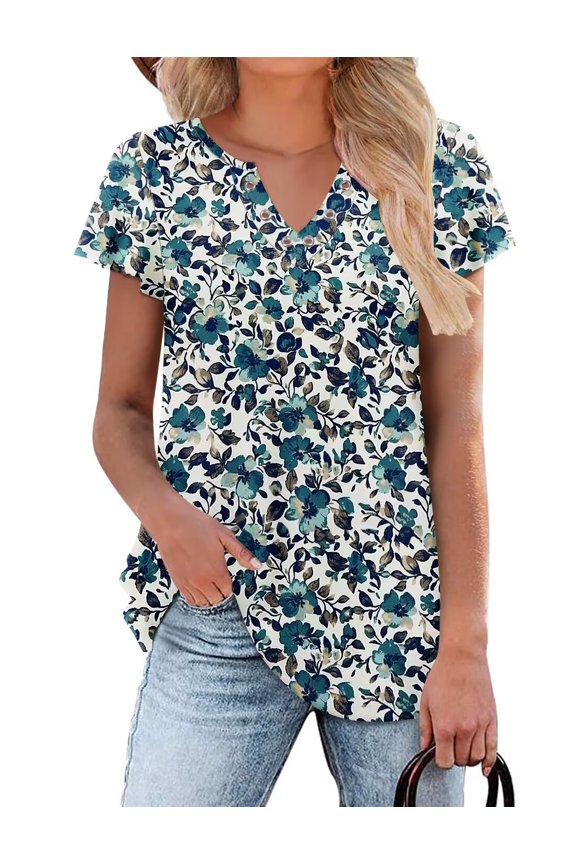 Womens Summer Basic Floral Shirts Short Sleeve Cute Blouses Ladies Pretty Tunic Tops