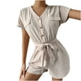 thumbnail image 1 of Womens Summer Basic Shorts Jumpsuit V Neck Button Down Short Sleeve Tank Rompers Casual Loose Fit Wide Leg Short Pant, 1 of 7