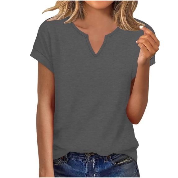 Womens Summer Basic Tops, Short Sleeve Shirts for Women Casual Solid Color Cropped Notch V Neck T-Shirts