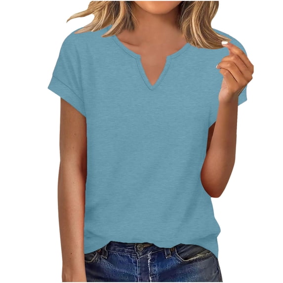 Womens Summer Basic Tops, Short Sleeve Shirts for Women Casual Solid Color Cropped Notch V Neck T-Shirts