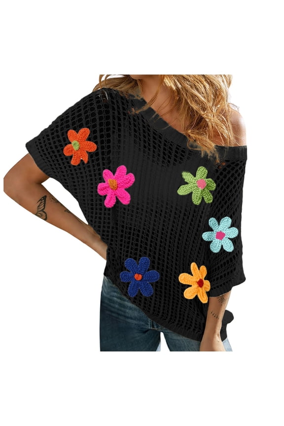 Womens Summer Beach Cover Ups Tops Crew Neck Short Sleeve Pullover Sweater Hollow Out Knit Tops Shirts,size M