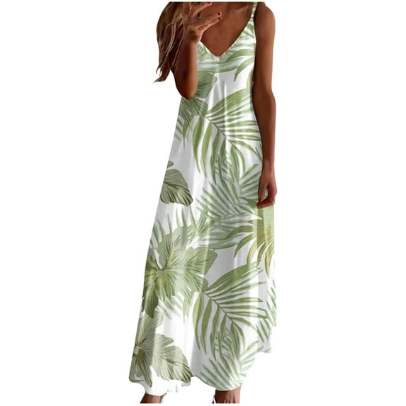 Womens Summer Beach Dresses Spaghetti Strap Vacation Cami Dress Sleeveless Aline Maxi Sundress Army Green, S