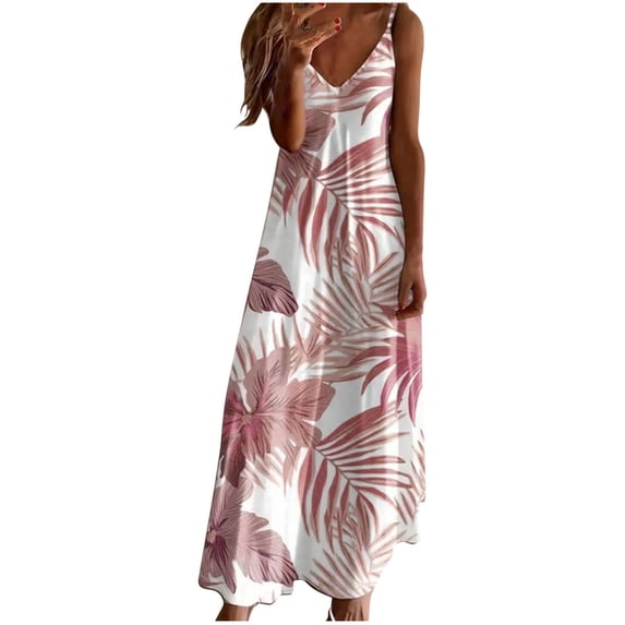 Womens Summer Beach Dresses Spaghetti Strap Vacation Cami Dress Sleeveless Aline Maxi Sundress Pink, L