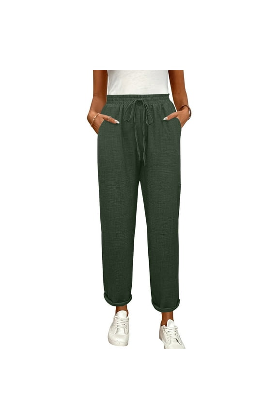 Womens Summer Beach Linen Pants Drawstring Ankle Length Elastic Waist High Waisted Cropped Pants Wide Leg Dressy Work Crop Pants Army Green S
