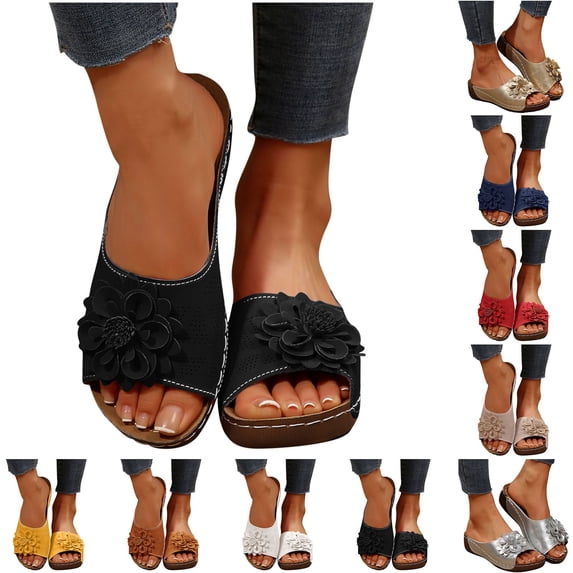 Womens Summer Beach Sandals Wedge Open Toe Slides Ladies Dressy Sandals Slipper Comfortable Flower Sandals Casual Slip on Walking Shoes
