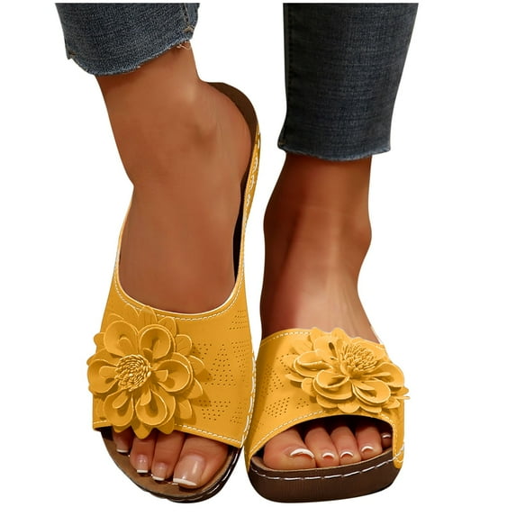 Womens Summer Beach Sandals Wedge Open Toe Slides Ladies Dressy Sandals Slipper Comfortable Flower Sandals Casual Slip on Walking Shoes