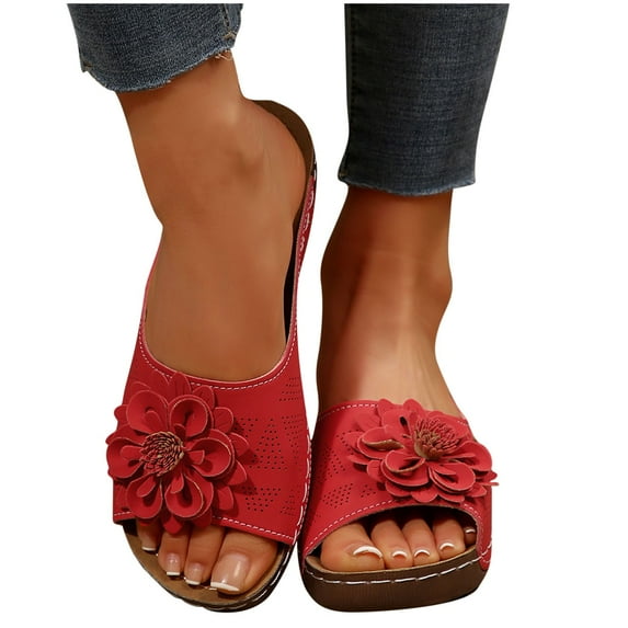 Womens Summer Beach Sandals Wedge Open Toe Slides Ladies Dressy Sandals Slipper Comfortable Flower Sandals Casual Slip on Walking Shoes