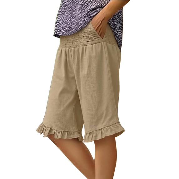 Womens Summer Bermuda Shorts Knee Length Elastic Waist Flared Ruffle Hem Shorts Beach Lounge Casual Shorts
