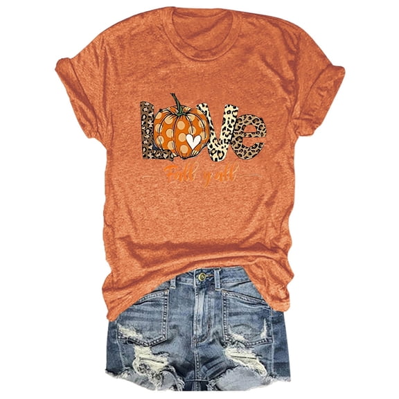 Womens Summer Blouses Autumn Funny Printed Short Sleeve Round Neck Womens Golf Shirt,Orange,S