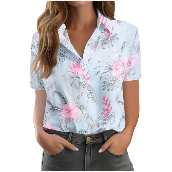 Womens Summer Blouses Casual Lapel Neck Button Down Shirts Floral Print Hawaiian Blouse Short Sleeve Loose Tops Bohemian Beach Holiday Vacation Shirt Womens Plus Size Tops