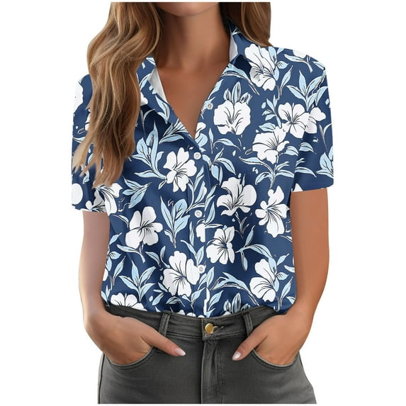 Womens Summer Blouses Casual Lapel Neck Button Down Shirts Floral Print Hawaiian Blouse Short Sleeve Loose Tops Bohemian Beach Holiday Vacation Shirt Womens Plus Size Tops