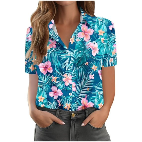 Womens Summer Blouses Casual Lapel Neck Button Down Shirts Floral Print Hawaiian Blouse Short Sleeve Loose Tops Bohemian Beach Holiday Vacation Shirt Womens Plus Size Tops