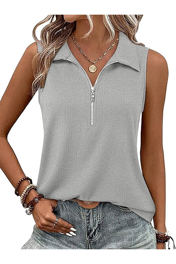 Womens Summer Blouses Comfort Soft Sleeveless Casual Tank Tops Office Work Tank Light Gray Polo Shirts Size M