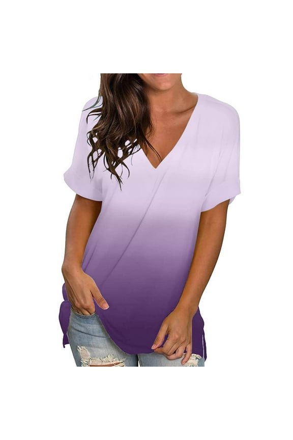 Womens Summer Blouses Floral Short Sleeve V Neck Printed Loose Side Split Tunic Plus Size Womens Clothing,Dark Purple,M