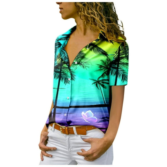 Womens Summer Blouses Fshion Print Button Down Short Sleeve Womens Golf Shirt,Green,L