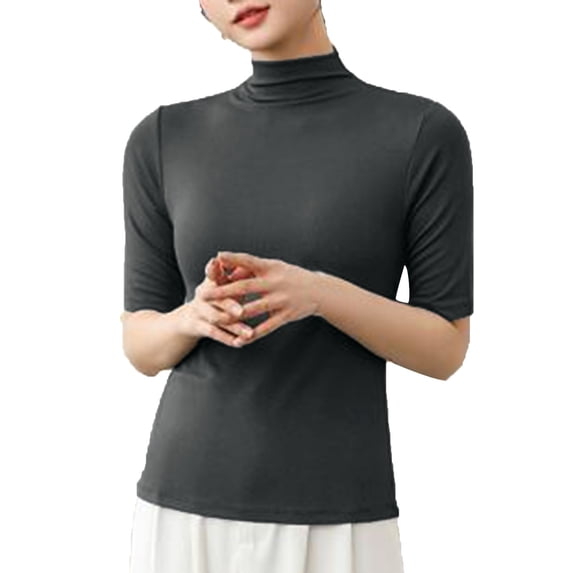 Womens Summer Blouses Semi Turtleneck Thermal Slim Fit Short Sleeve Stretch Ladies Clothing,Dark Gray,L