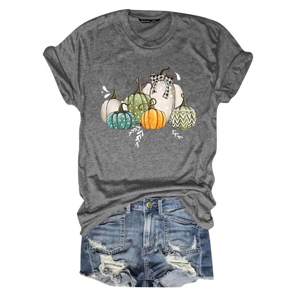 Womens Summer Blouses Short Sleeve Round Neck Pumpkin Fruit Printed Womens Golf Shirt,Grey,3XL