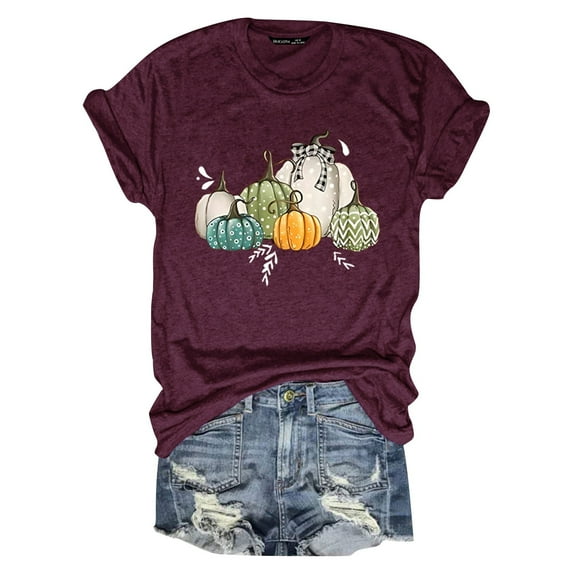 Womens Summer Blouses Short Sleeve Round Neck Pumpkin Fruit Printed Womens Tee,,3XL