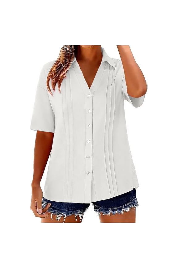 Womens Summer Blouses Solid Color V-Neck Button Down Casaul Plus Size Fashion Going Out Professional Business Casual Tops
