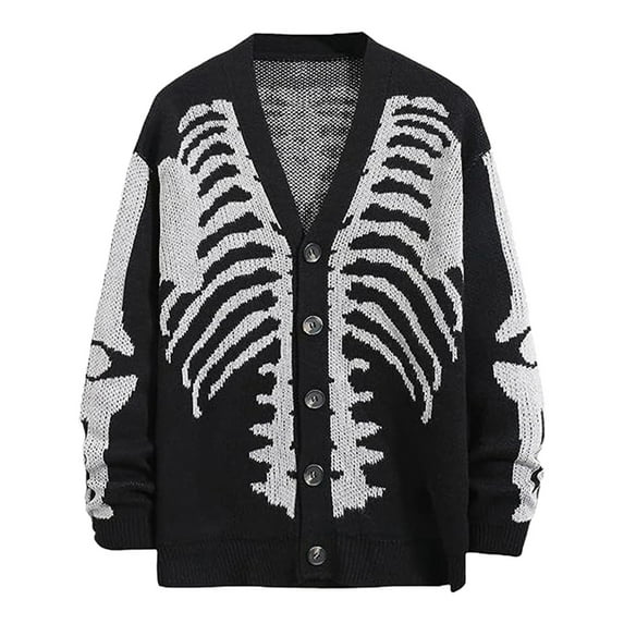 Womens Summer Blouses Unisex Knitted Cardigan Sweater Skeleton Intarsia Print Womens Tee,A,L
