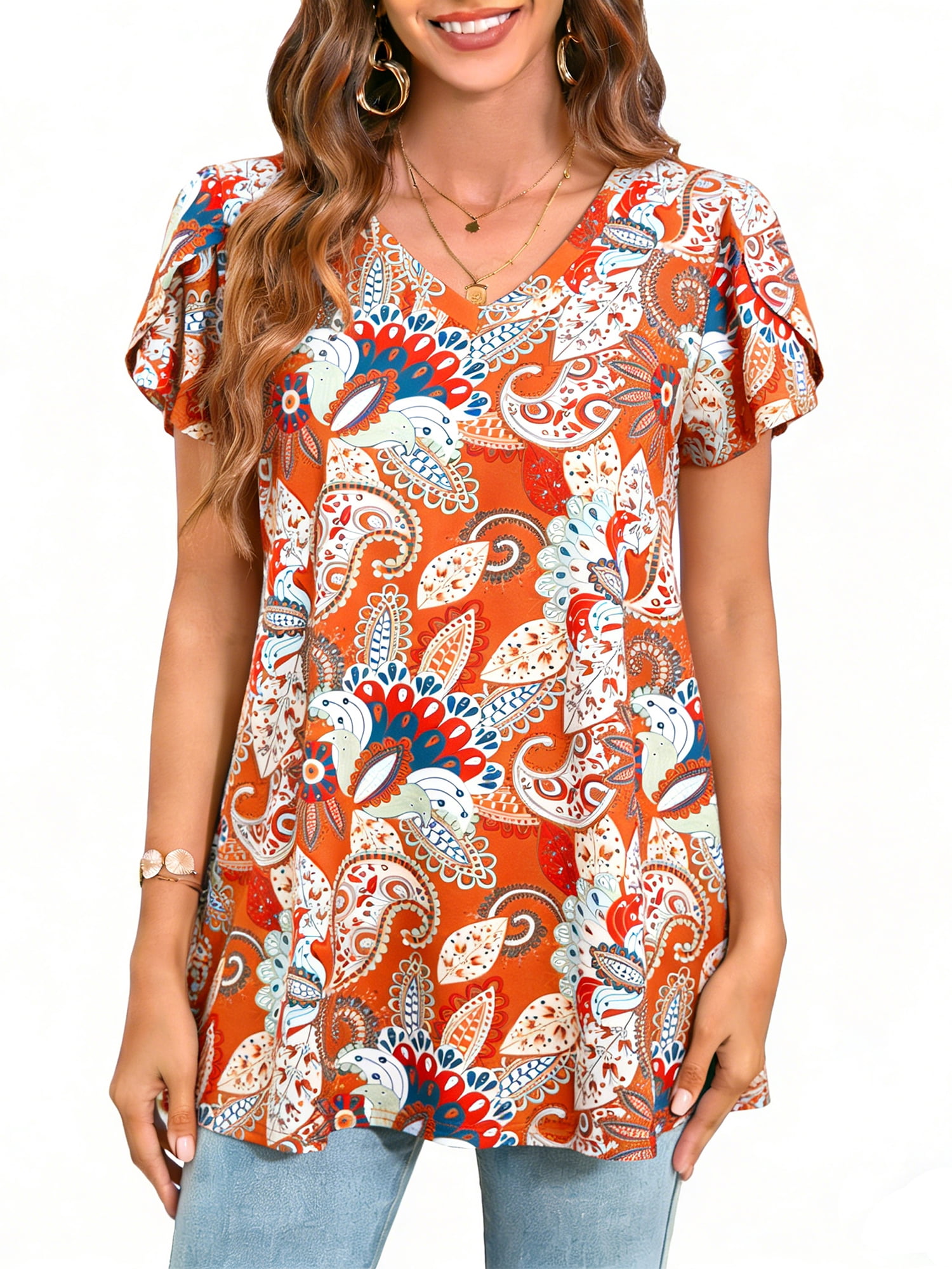 Womens Summer Blouses V Neck Loose Dressy Shirts Petal Short Sleeve ...