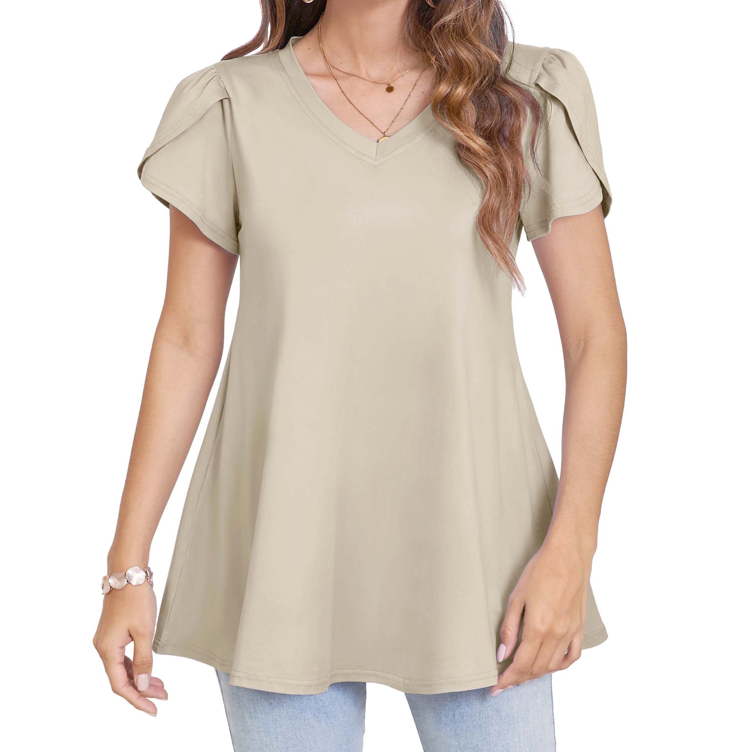 Womens Summer Blouses V Neck Loose Dressy Shirts Petal Short Sleeve ...