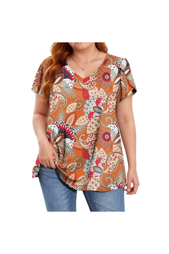 Womens Summer Blouses V Neck Loose Dressy Shirts Petal Short Sleeve Plus Size Tunic Tops