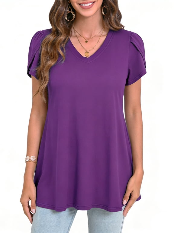 Womens Purple Tops V Neck Loose Dressy Blouses Petal Short Sleeve Plus Size Summer Shirts