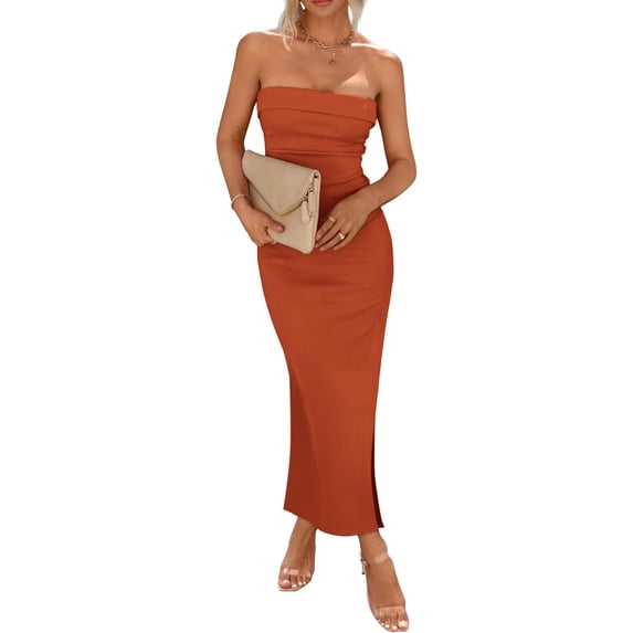 Womens Summer Bodycon Maxi Tube Dress Ribbed Strapless Side Slit Long Going Out Elegant Party Dresses