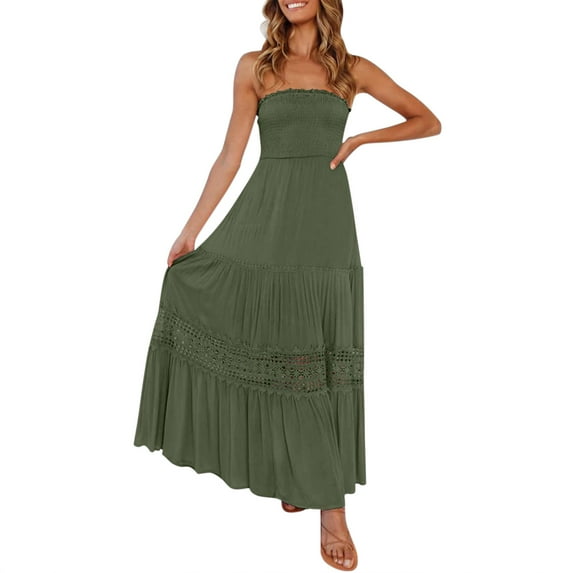 Womens Summer Bohemian Strapless Off Shoulder Lace Trim Backless Flowy A Line Beach Long Maxi Dress Chiffon Summer Dress Denim Maxi Dresses for Women Knit Sleeveless Dress Summer Casual Casual Dresses