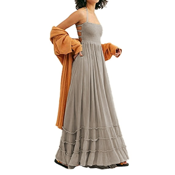 Womens Summer Boho Backless Long Dresses Grey S