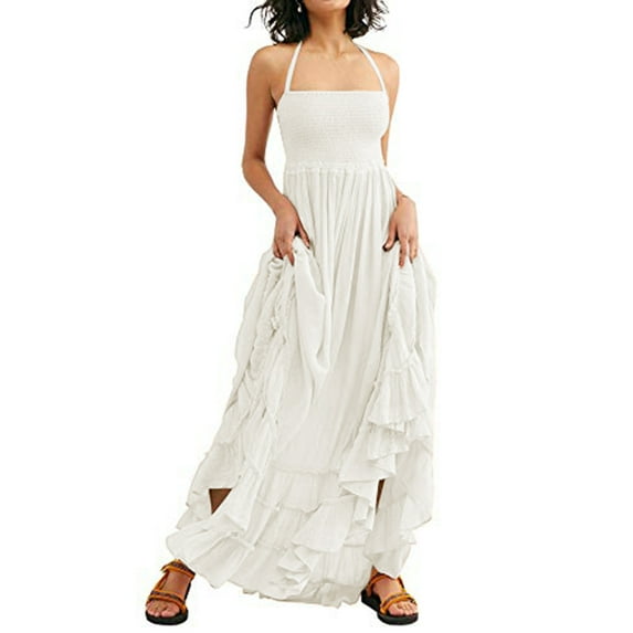 Womens Summer Boho Backless Long Dresses White M