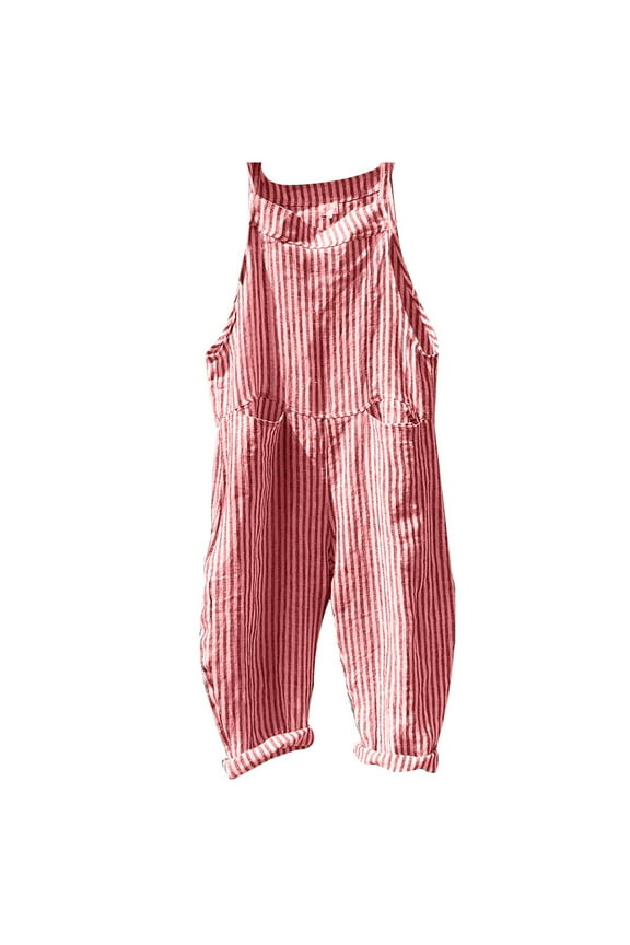 Womens Summer Boho Bib Overalls Striped Sleeveless Tie Shoulder Straps Beach Jumpsuits Casual Loose Fit Pockets Rompers