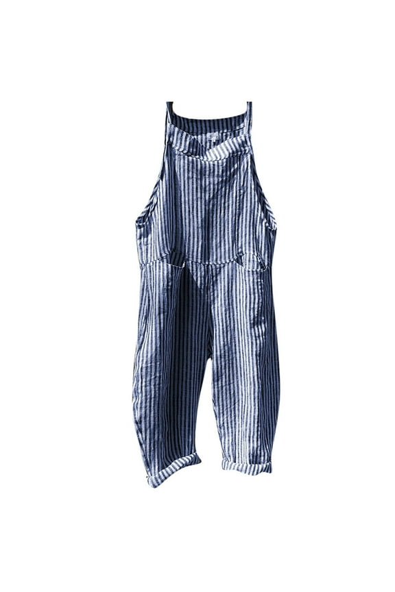 Womens Summer Boho Bib Overalls Striped Sleeveless Tie Shoulder Straps Beach Jumpsuits Casual Loose Fit Pockets Rompers
