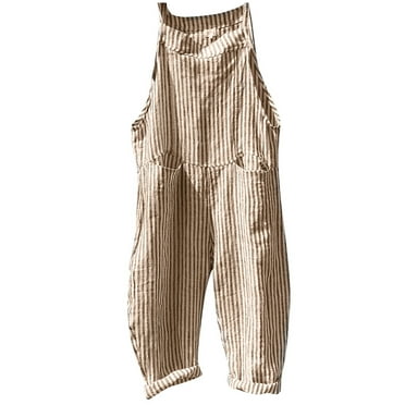 Womens Summer Boho Bib Overalls Striped Sleeveless Tie Shoulder Straps Beach Jumpsuits Casual Loose Fit Pockets Rompers