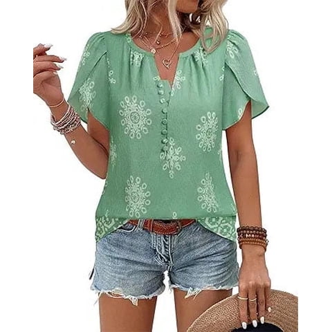 Womens Summer Boho Blouse Short Sleeve Button Down Floral Top Casual Business Work Shirt Fashion Beach Vacation Tops