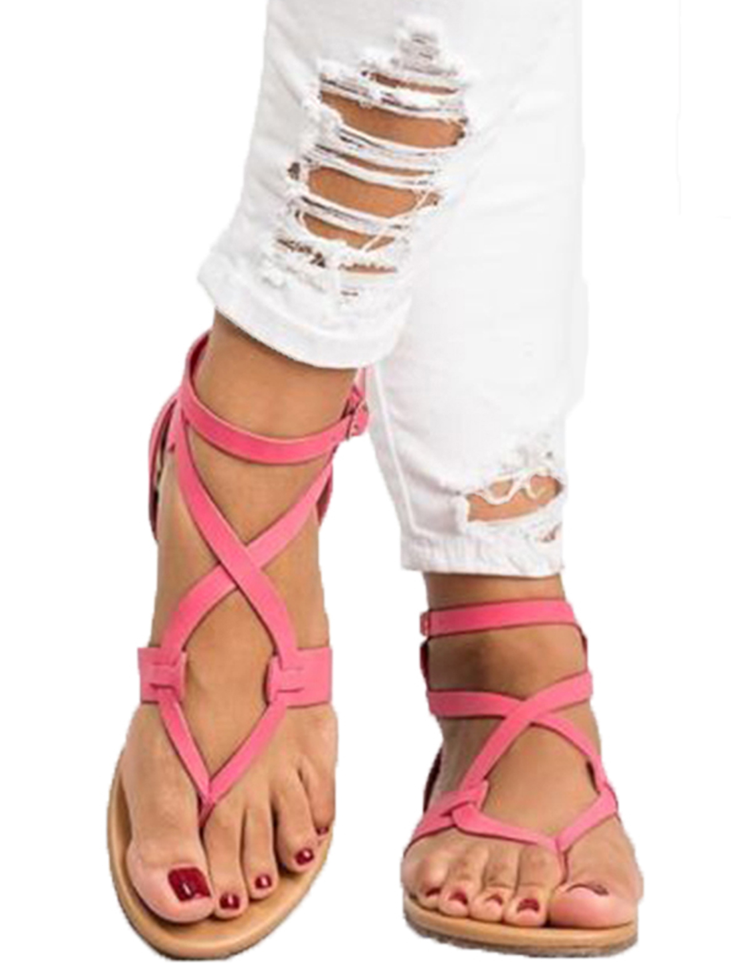 Womens Summer Boho Flip Flops Sandal Cross T Strap Thong Flat Casual Shoes Size - image 1 of 3