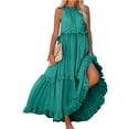 thumbnail image 1 of Womens Summer Boho Halter Maxi Dresses 2024 Casual Built in Bra Dress Sleeveless Pleated Tiered Flowy Beach Vacation Long Dress Army Green L, 1 of 9