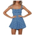 thumbnail image 1 of Womens Summer Boho Jumpsuits Wide Leg Overalls Floral Print Smocked Rompers Square Neck Short Jumpsuits Blue XL, 1 of 4