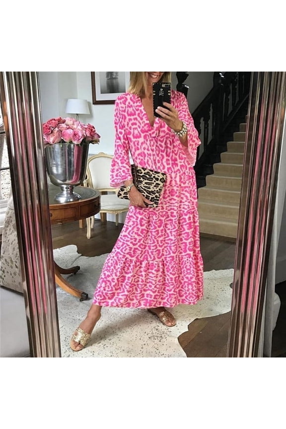 Womens Summer Boho Long Dress 3/4 Length Sleeve V Neck Casual Flowy Ruffle Hem Pink Leopard Print Maxi Sundress (Large, Pink)