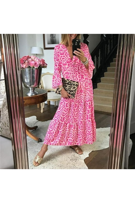 Womens Summer Boho Long Dress 3/4 Length Sleeve V Neck Casual Flowy Ruffle Hem Pink Leopard Print Maxi Sundress (X-Large, Pink)